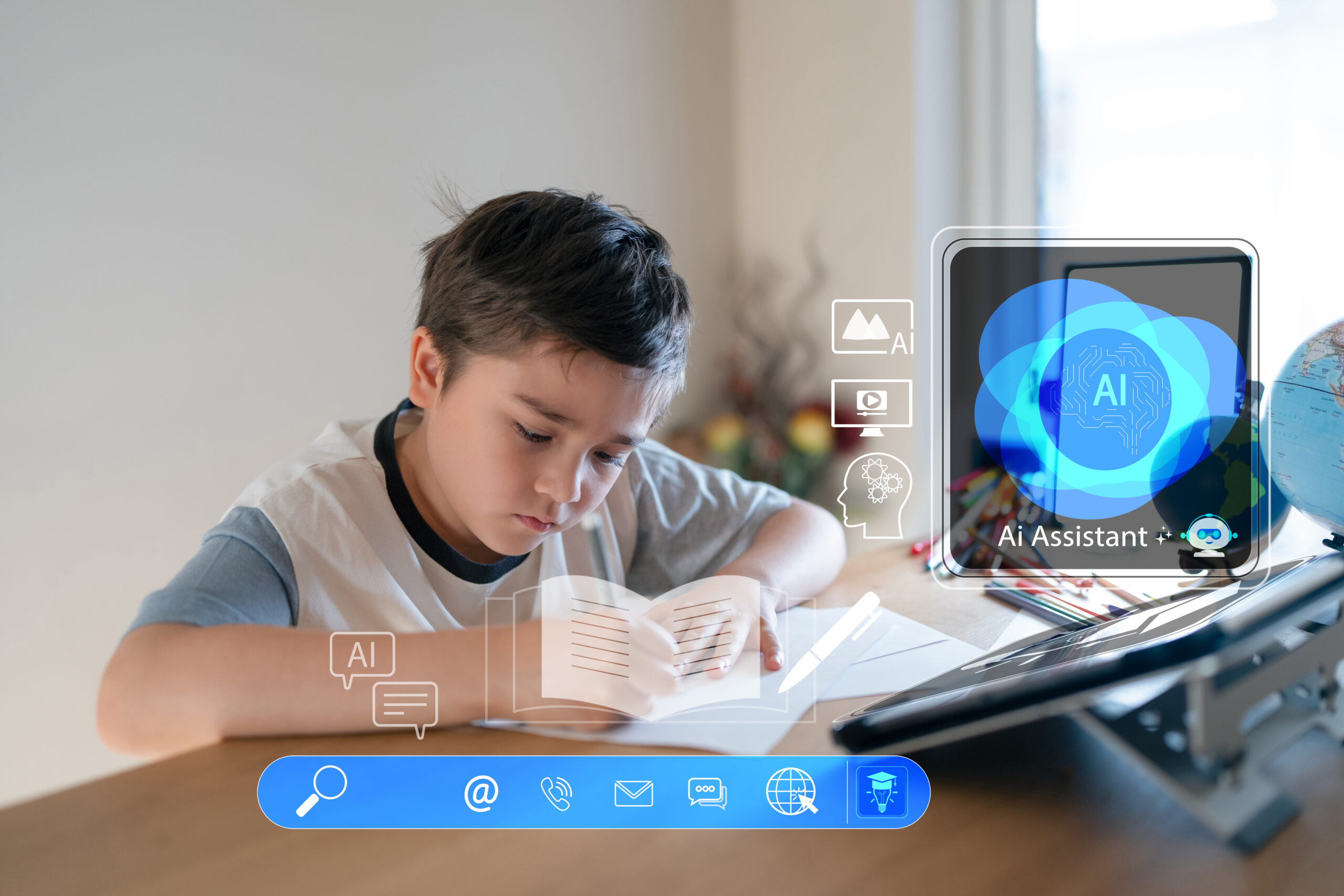 Young boy learning with AI assistant at home