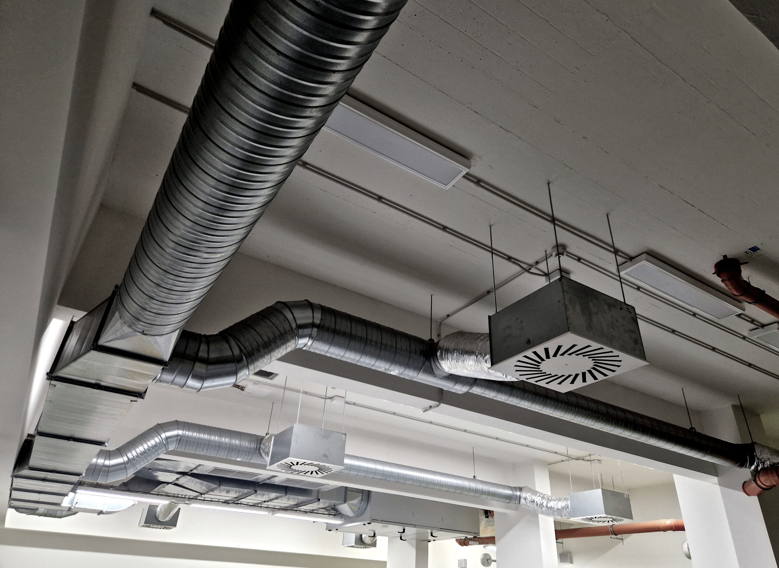 industrial HVAC system, including ductwork and air filters.