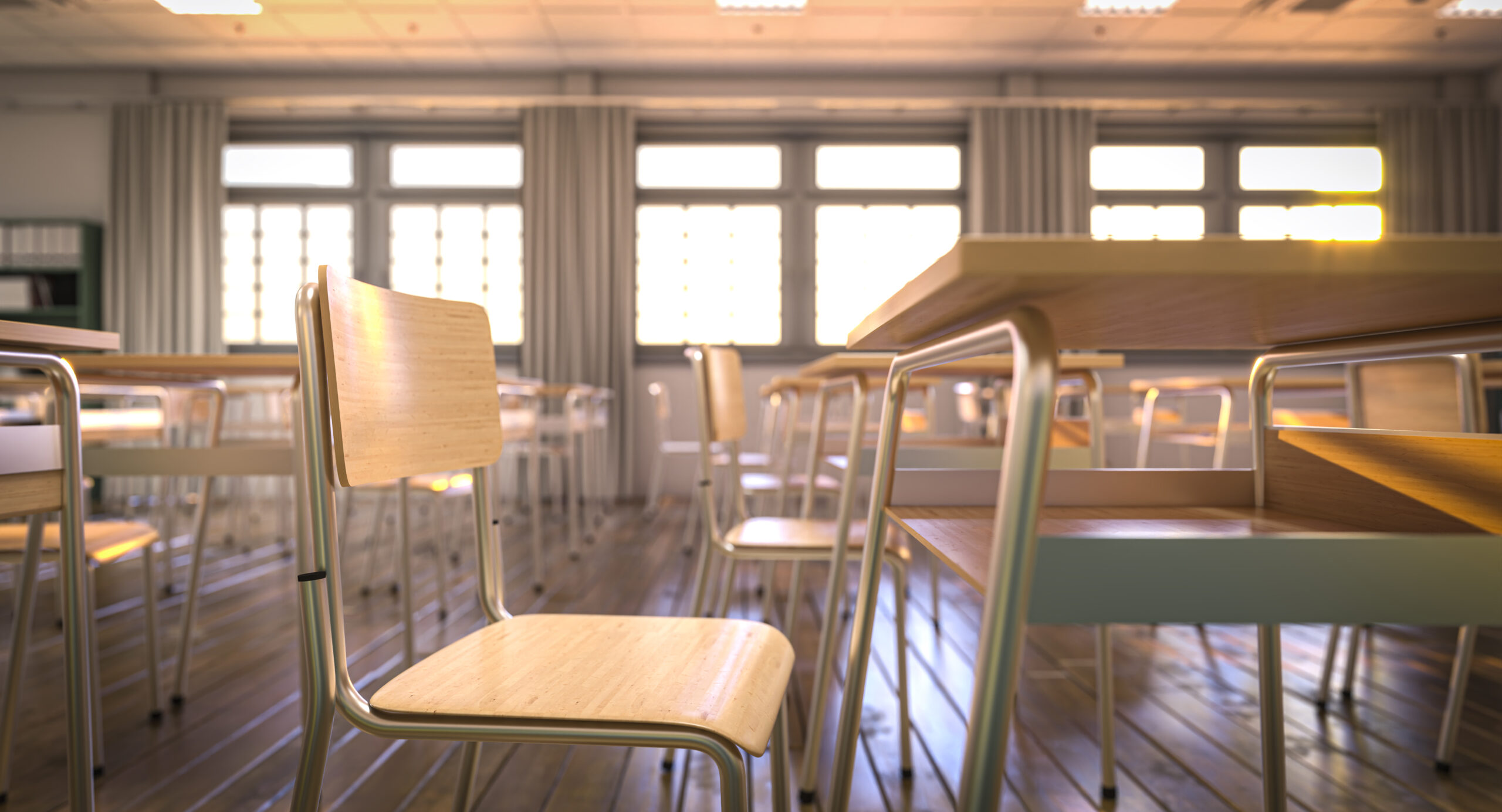 Empty classic classroom school wooden chairs and sunlight